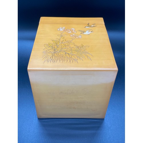 51 - Vintage Chinese bamboo veneered lacquered tea caddie with bird and floral decoration.