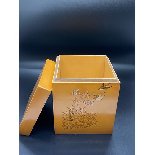 51 - Vintage Chinese bamboo veneered lacquered tea caddie with bird and floral decoration.