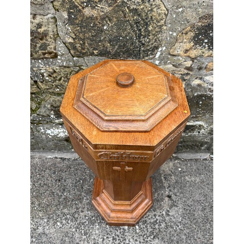 50 - Solid oak baptismal font depicting suffer little children to come unto me.
110cm high