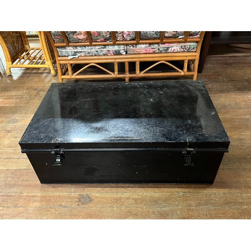 52 - Large metal shipping trunk by Spider Brand 'The Protector' along with large glass demijohn, 2 stonew... 