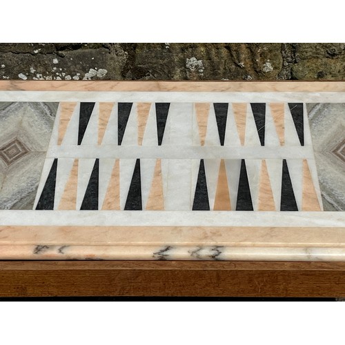 54 - Oak framed, heavy marble top backgammon table. 
37