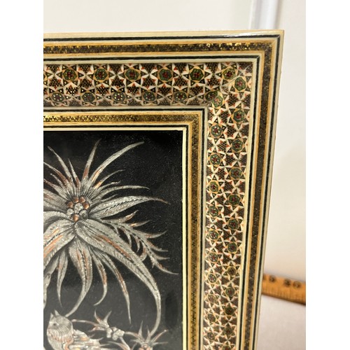 234 - 2 x Persian silver & copper Khatam engravings in wooden inlaid frames. One with hand painted bird de... 