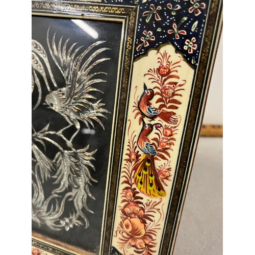 234 - 2 x Persian silver & copper Khatam engravings in wooden inlaid frames. One with hand painted bird de... 