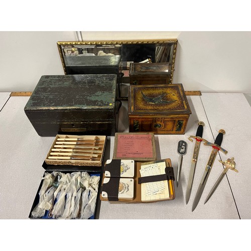 242 - 2 vintage boxes, Collection of letter openers, vintage playing cards and boxed cutlery etc.