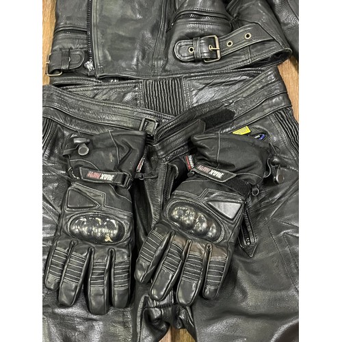 204 - Euro style leather motorbike jacket size 40 along with leather trousers 38 & gloves