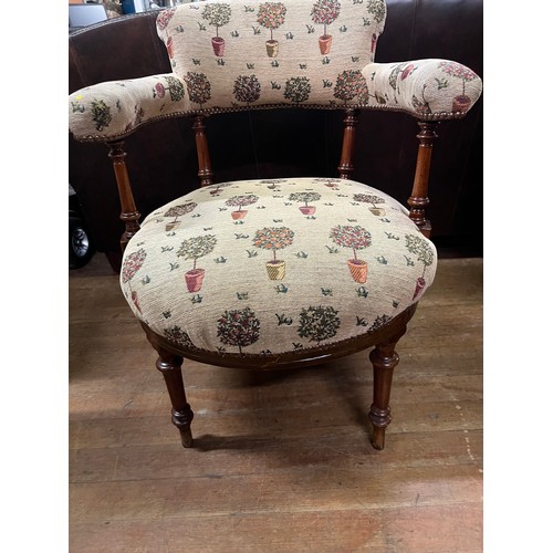 8 - Victorian tub chair with 2 castor feet & flower pot upholstery.