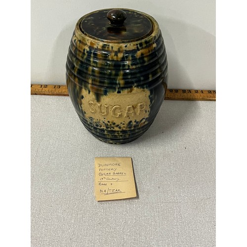 19 - Scottish Pottery sugar barrel (note was inside jar mentioning Dunmore) also possibly Seaton pottery?... 
