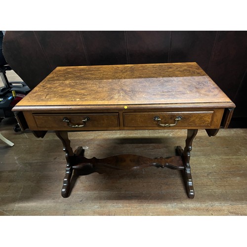 149 - Vintage burr walnut veneer drop leaf coffee table with 2 drawers.