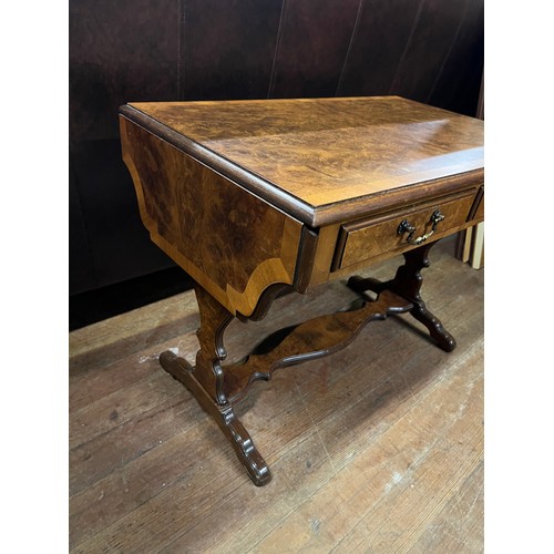 149 - Vintage burr walnut veneer drop leaf coffee table with 2 drawers.