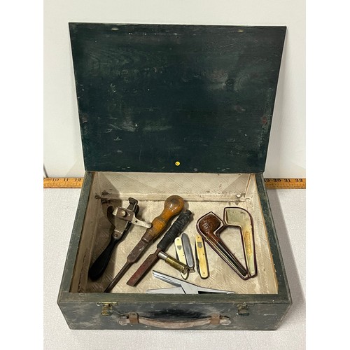 189 - vintage box to include old pipe , 100 year old pencil sharpener etc