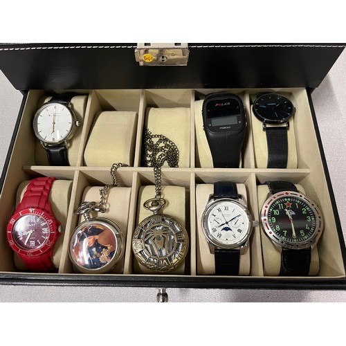 159 - 18 modern watches along with 2 drawer watch display box
(batteries needed)