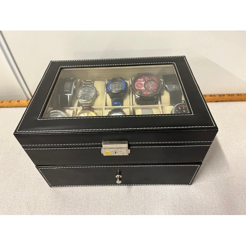 159 - 18 modern watches along with 2 drawer watch display box
(batteries needed)