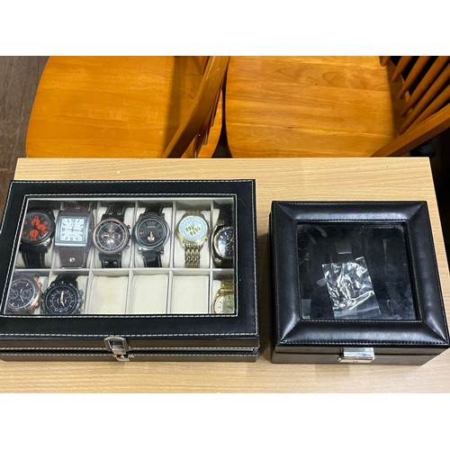 166 - 9 modern watches along with 2 watch display boxes
(batteries needed)