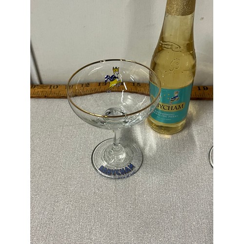 141 - 3 Vintage Babycham glasses along with 2 bottles of Babycham.