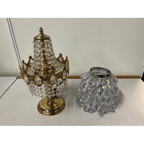 285 - Vintage brass and crystal table lamp along with retro light shade.