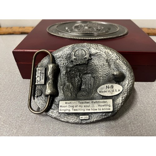 316 - Siskiyou belt buckle along with boxed Native American presentation knife set.