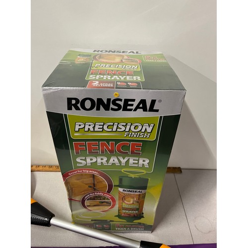 358 - New & Sealed Ronseal precision fence sprayer along with parasol & measure meter.