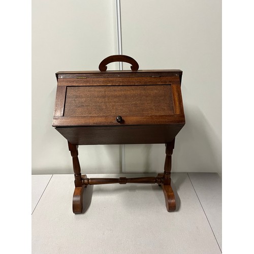 30 - Vintage wooden sewing box on stand with 2 drawers & compartments.
80cm h x 53cm w