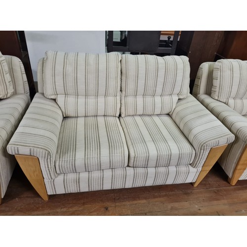 214 - 3 Piece Ercol suite & footstool in blonde.