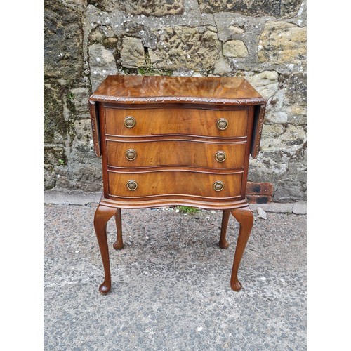 54 - Queen Anne style walnut shaped front small chest of 3 drawers with side drop leaves & original handl... 