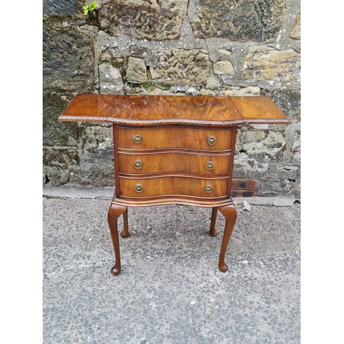 54 - Queen Anne style walnut shaped front small chest of 3 drawers with side drop leaves & original handl... 