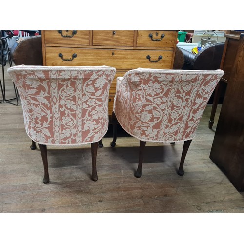 106 - Pair of upholstered tub chairs on Queen Anne legs.