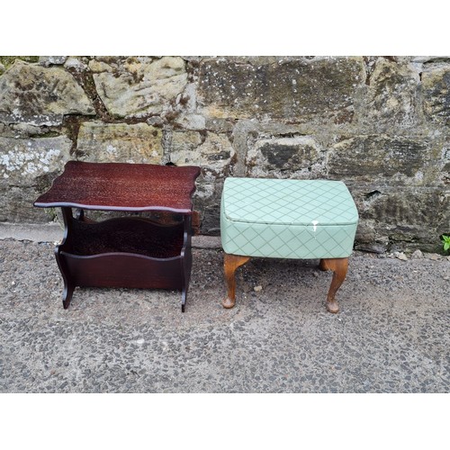 411 - Small magazine table along with vintage sewing box/footstool.