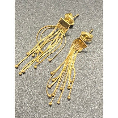 13 - 9ct gold multi strand chain style earrings.