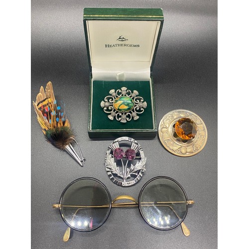 20 - 4 Scottish/Celtic brooches and pair of antique spectacles.