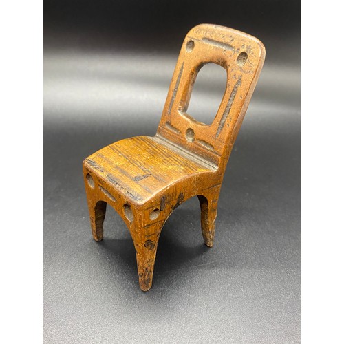 179 - Vintage arts and crafts oak chair along with tin plate post office bank.