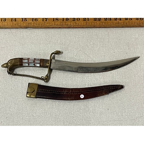 168 - Sikh kirpan with mother of pearl detail on the handle & leather sheath.