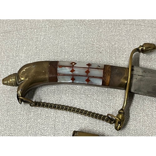 168 - Sikh kirpan with mother of pearl detail on the handle & leather sheath.