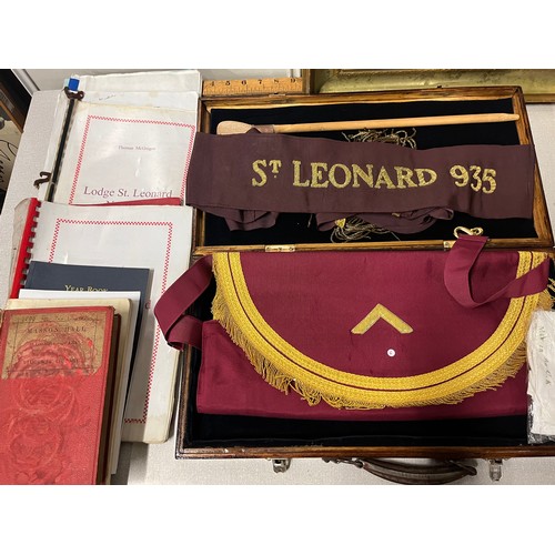 445 - Large selection of Masonic items to include sash, aprons paperwork etc.