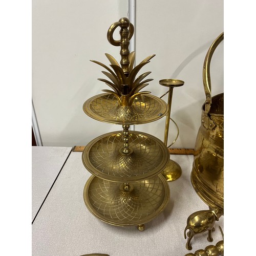 477 - Large selection of brass to include mid century 3 tiered pineapple nesting serving tray etc.