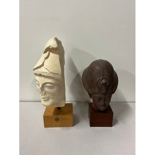 508 - Pair of ceramic scupltures to include, head of Greek warrior along with head of Egyptian Pharaoh Ame... 