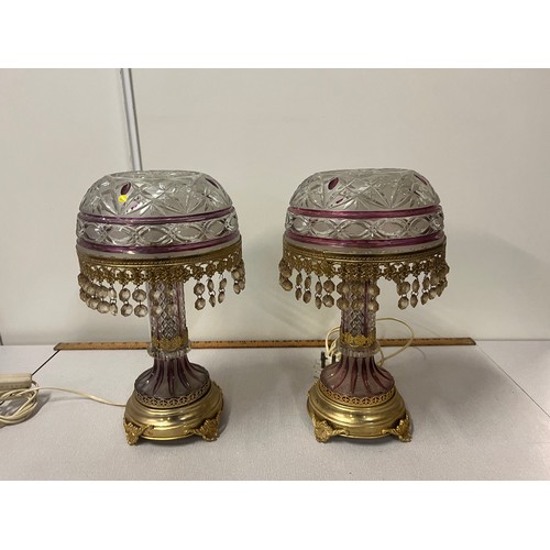 50 - A pair of bohemian crystal & brass table  lamps 15 inches tall