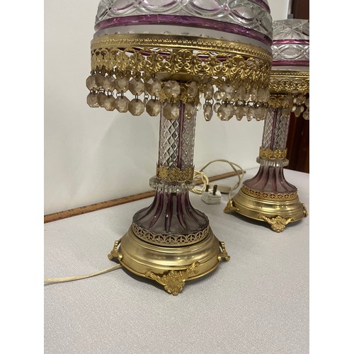 50 - A pair of bohemian crystal & brass table  lamps 15 inches tall