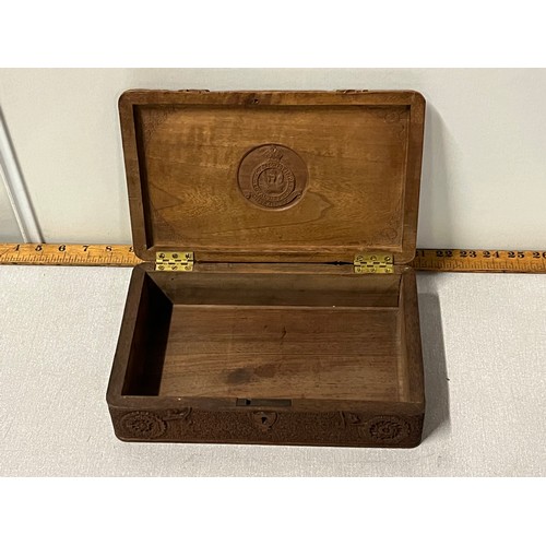 13 - Indian Highly carved wooden cigar box- RAF Motif to the inside of the lid. 'Aircraft Depot India- R.... 