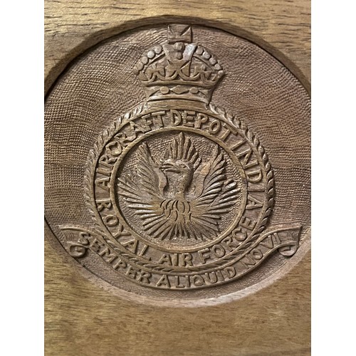 13 - Indian Highly carved wooden cigar box- RAF Motif to the inside of the lid. 'Aircraft Depot India- R.... 