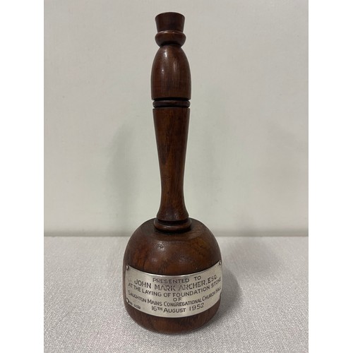 34 - vintage presentation gavel with scottish silver plaque , presented to j m archer esq at the laying o... 