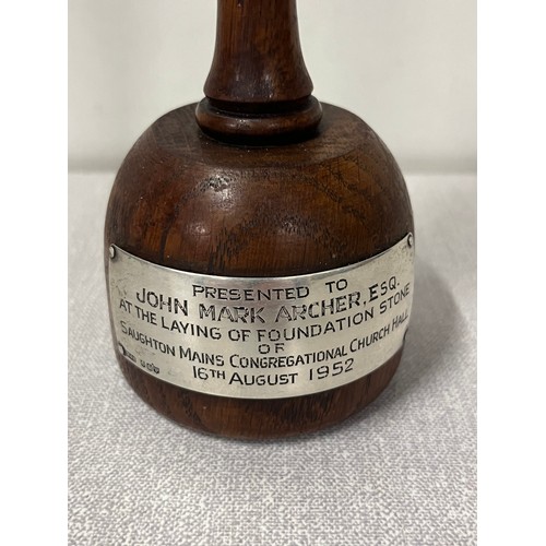 34 - vintage presentation gavel with scottish silver plaque , presented to j m archer esq at the laying o... 