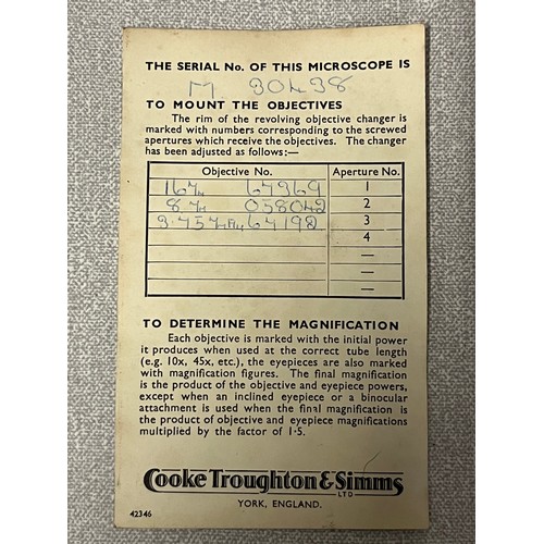 32 - Vintage Cooke Troughton and Simms microscope in wooden case, lenses and polariser.