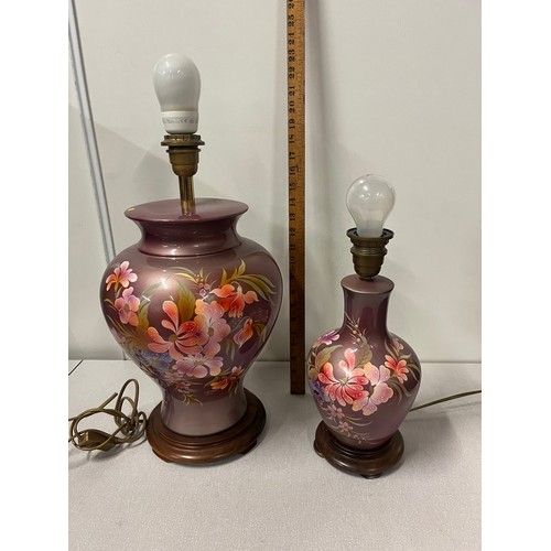 100 - A pair of wood & ceramic floral table lamps signed by L. Drummond made in France. Tallest 18