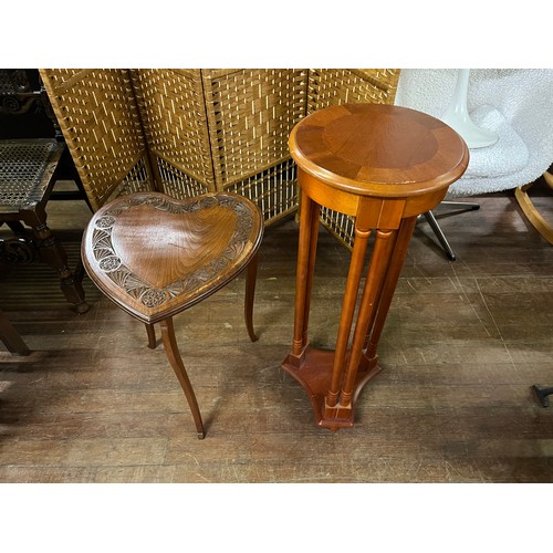 224 - Carved love heart shaped side table along with solid wood plant stand, tallest 32