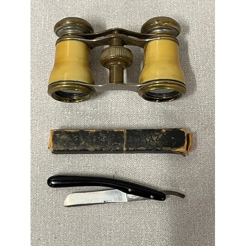 87 - Vintage opera glasses and small straight razor.