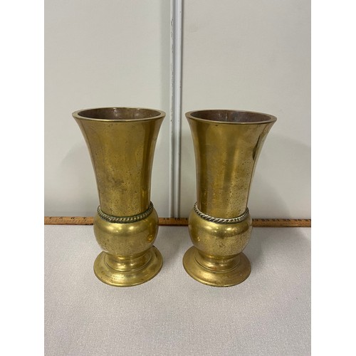 113 - Pair heavy large bronze/brass alter diadem vases 3.2kg each, 10.5