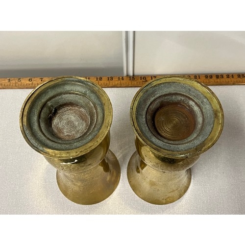 113 - Pair heavy large bronze/brass alter diadem vases 3.2kg each, 10.5