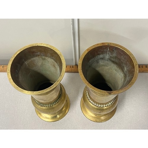 113 - Pair heavy large bronze/brass alter diadem vases 3.2kg each, 10.5