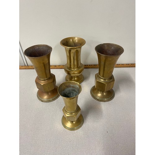 116 - Trio of A.M Jockel & Co Edinburgh heavy bronze/brass alter vases along with 1 other stamped F. Osbou... 