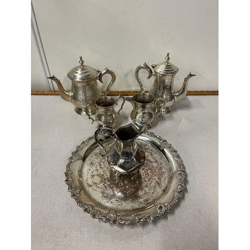 120 - Silver plated teapot set along with silver plated tray & jug.